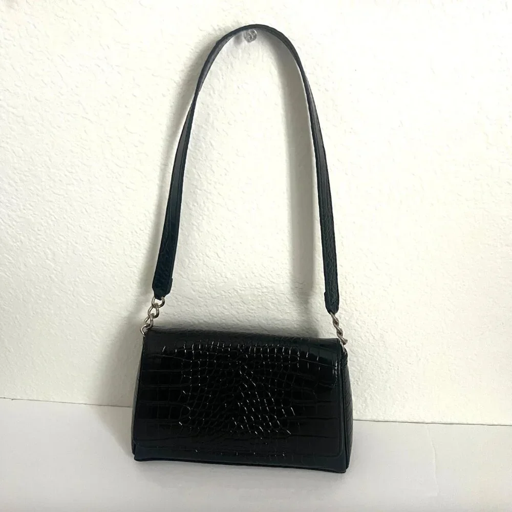 Vintage Liz Claiborne Crocodile Embossed Faux Leather Black Shoulder Bag Purse - Picture 1 of 10